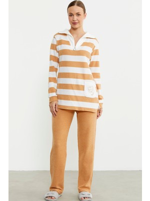 Sementa Kalın Çizgi Detaylı Pijama Takım - Hardal