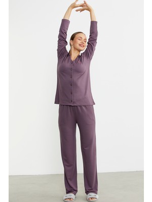 Sementa Gömlek Model Nakışlı Pijama Takım - Mor