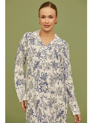 Sementa Gömlek Yaka Desenli Uzun Kol Elbise - Mavi