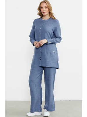 Keten Görünümlü Gömlek Pantolon Takım - Indigo
