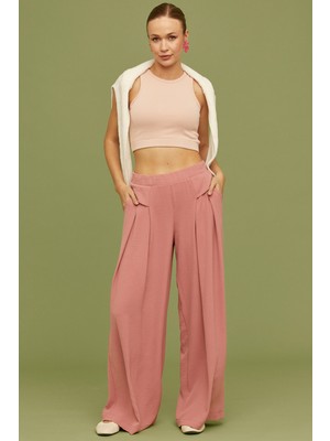 Sementa Volanlı Bol Kesim Krep Pantolon - Pembe