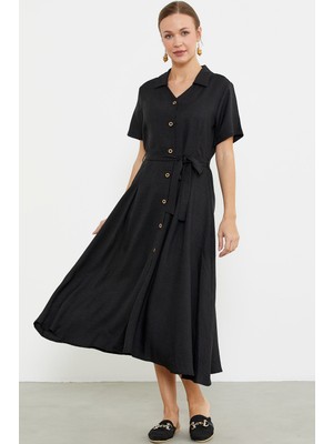 Sementa Keten Görünümlü Uzun Gömlek Elbise - Siyah