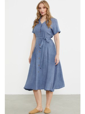 Keten Görünümlü Uzun Gömlek Elbise - Indigo