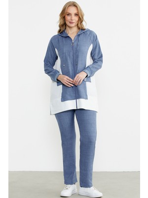 Keten Görünümlü Kapüşonlu Tunik Takım - Indigo
