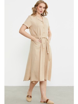 Sementa Keten Görünümlü Cepli Gömlek Elbise - Bej
