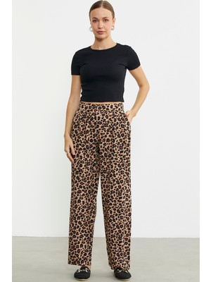 Sementa Leopar Desenli Bol Kesim Viskon Pantolon - Kahve