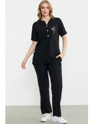 Sementa Sıfır Yaka Düğmeli Viskon Takım - Siyah