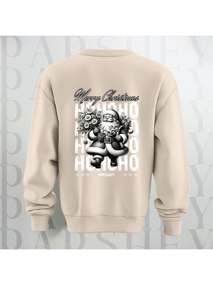 Parshey Merry Christmas Noel Baba Sırt Baskılı 3 Iplik Şardonlu Oversize Bisiklet Yaka Sweatshirt