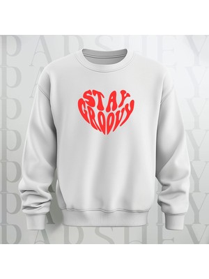 Parshey Stay Groovy Kalp Şekilli Baskılı Kalın Kumaş 3 Iplik Oversize  Bisiklet Yaka Sweatshirt