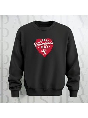 Parshey Happy Valentine's Day Kalp Desenli Oversize Bisiklet Yaka Sweatshirt 3 Iplik Şardonlu