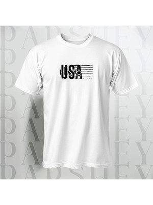 Usa Yazı Baskılı Unisex Yarım Kollu Bisiklet Yaka %100 Pamuk Oversize T-Shirt