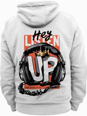 Parshey Hey Listen Up Beyaz Kapüşonlu Sweatshirt Kalın Kumaş