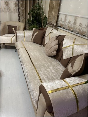 Yeni Moda Lüks Kadife Süngelri Koltuk Çekyat Örtüsü (12PARÇE Takım 3,3,1,1) Krem Rengi