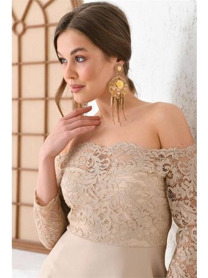 Dipmoda Kadın Bej Carmen Yaka Arkası Uzun Abiye Elbise SWLL02