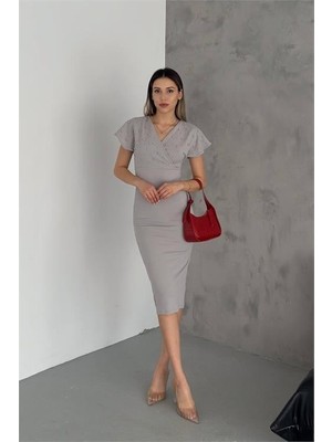 Dipmoda Kadın Gri Inci Detaylı Likralı Kalem Elbise DPK2100