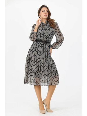Dipmoda Kadıın Kemerli Yakası Bağlama Detaylı Eteği Fırfırlı Desenli Şifon Elbise APCX05