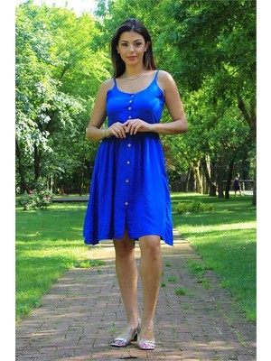 Dipmoda Kadın Mavi Askılı Düğme Detaylı Yazlık Elbise LPTR01