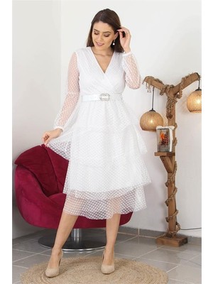 Dipmoda Kadın Kemerli Eteği Kat Kat Yeni Sezon Tül Elbise DP10006