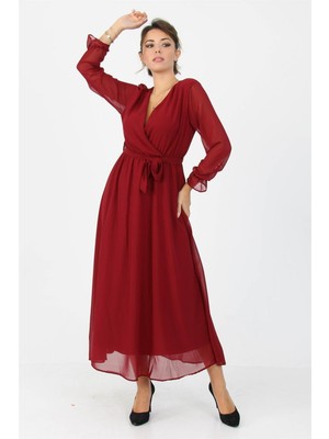 Dipmoda Kadın Kruvaze Yaka Bağlama Detaylı Yeni Sezon Uzun Şifon Elbise KTS003