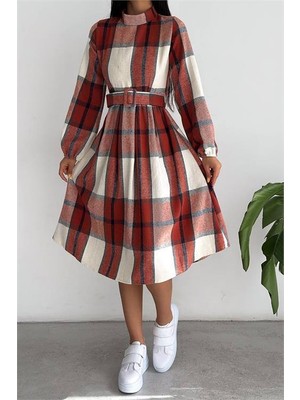 Dipmoda Kadın Ithal Kumaş Kemerli Ekose Elbise KKLF62