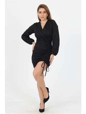 Dipmoda Kadın Kruvaze Yaka Önden Büzgülü Mini Örme Elbise MSTX03
