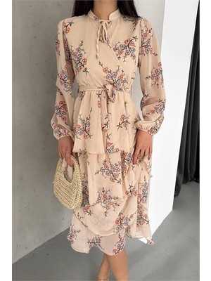 Dipmoda Kadın Astarlı Eteği Kat Kat Desenli Şifon Elbise DPKKLF2036