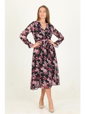 Dipmoda Kadın Çiçek Desenli Kuşaklı Kruvaze Şifon Elbise RSSN16