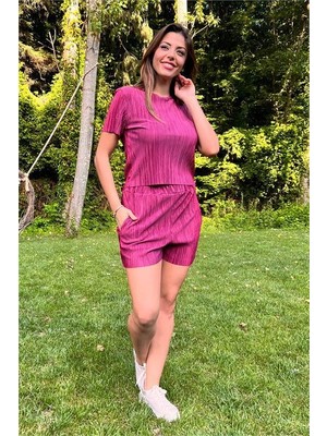 Dipmoda Kadın Mürdüm Piliseli Alt Üst Şortlu Takım DP10047