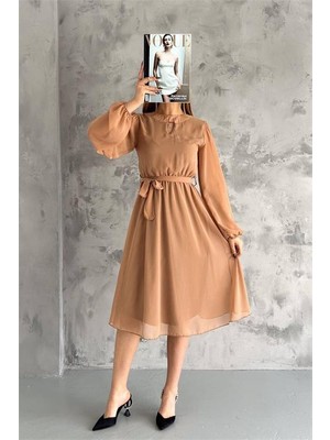 Dipmoda Kadın Camel Midi Boy Astarlı Şifon Elbise DPKKLF2027
