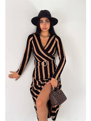 Dipmoda Kadın Kemerli Midi Boy Çizgili Elbise KKLF48