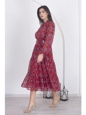 Dipmoda Kadın Astarlı Etnik Desenli Şifon Elbise RSDP002 - Bordo