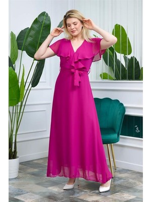 Dipmoda Kadın Pudra Kruvaze Yaka Bağlama Detaylı Uzun Şifon Elbise KTS001