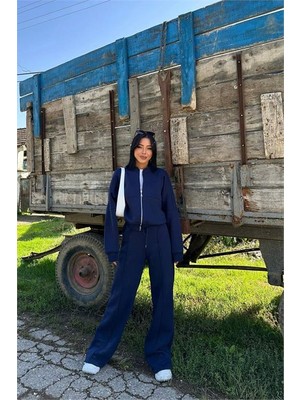 Dipmoda Kadın Lacivert Fermuarlı Kışlık Salaş Eşofman Takımı DPG026