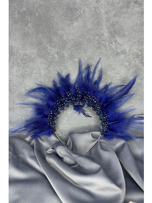 Lacivert Tüylü Kristal Boncuklu Arden Gelin Kına Tacı