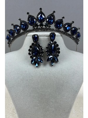 Neri Model Düğün Kına Kostüm Tacı ve Damla Küpe Seti Lacivert