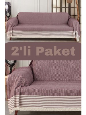 Bordo Pamuklu Kolları Örten 310 cm Koltuk Kanepe Çekyat Örtüsü Önden Saçaklı Kaymaz Tasarım (2 Adet