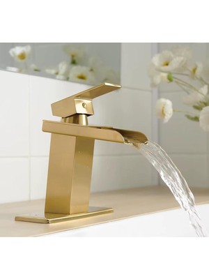 Rena Mat Gold Kare Lavabo Bataryası Yeni Şelale Model Yüksek Kalite Altın Lavabo Musluğu Çift Girişli Armatür