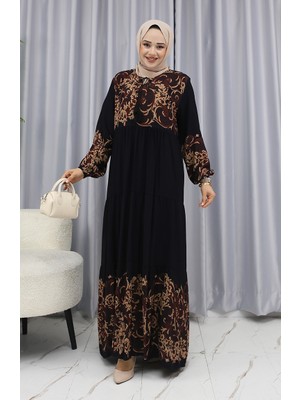 Sefa Merve Sulu Desen Elbise 4082-01 Siyah Kahverengi