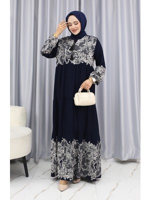 Sulu Desen Elbise 4082-03 Lacivert Beyaz