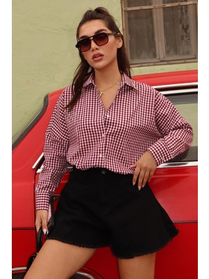 Bordo Pötikareli Uzun Kollu Kadın Gömlek MG2386