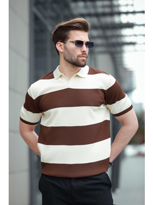 Kahverengi Polo Yaka Çizgili Erkek Triko Tişört E7411