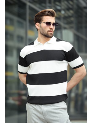 Siyah Polo Yaka Çizgili Erkek Triko Tişört E7411