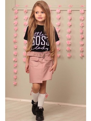 Riccotarz Kız Çocuk Little Boss Yazı Baskılı T-Shirt Cep Detaylı Kemerli Pudra Deri Etekli Takım
