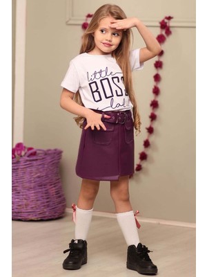Riccotarz Kız Çocuk Little Boss Yazı Baskılı T-Shirt Cep Detaylı Kemerli Bordo Deri Etekli Takım