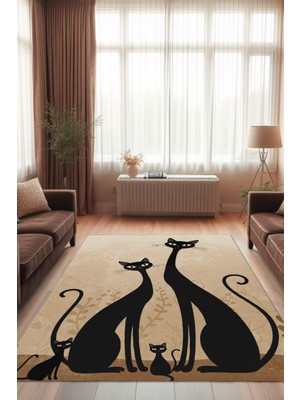The Reef Design Kedi Ailesi Temalı Dokuma Kaymaz Tabanlı Yıkanabilir Kedi Desenli Genç Odası Halısı