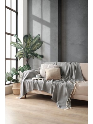 Antrasit Pamuklu Dekoratif Koltuk Örtüsü 170X230 Boyutlu Optimal Kaymaz Tasarım