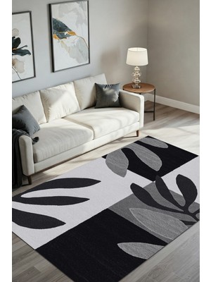 The Reef Design Yaprak Desenli Halı Siyah Beyaz Dekoratif Geometrik Desenli Halı Dokuma Tabanlı Kaymaz Dijital Baskı Genç Odası Halısı