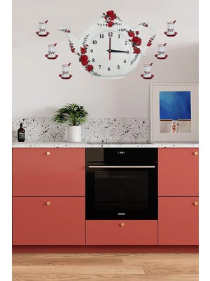 Ay Dizayn Çaydanlık Polyester Duvar Mutfak Saati ve 6 Bardak - Kırmızı