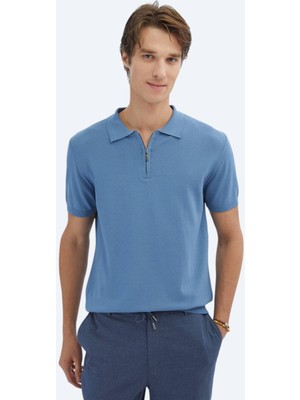 Havacı Mavi Polo Yaka Düz Örgü Triko