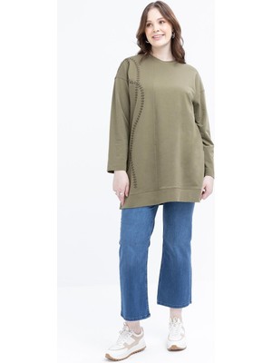 ALLDAY Haki-Nakışlı Bisiklet Yaka Likralı Büyük Beden Tunik
